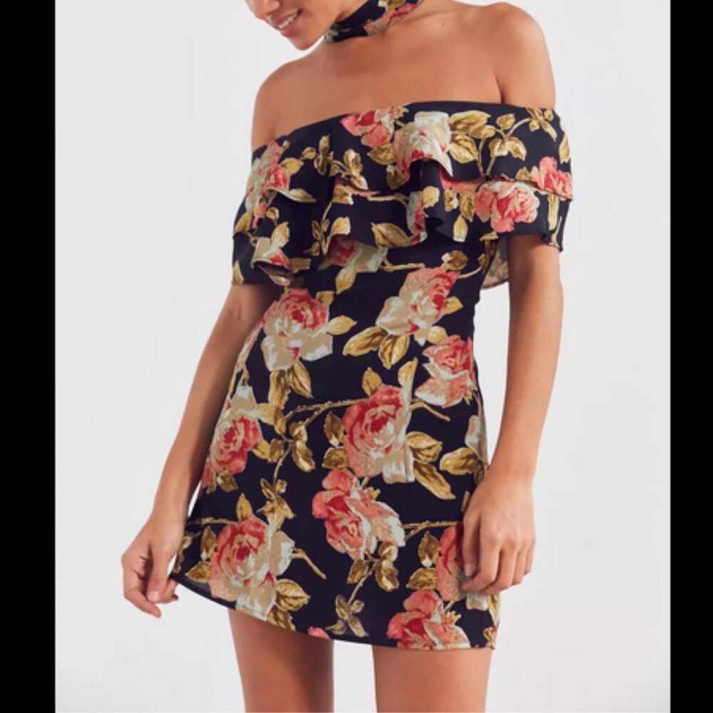 Roe + May Midnight Floral Mini Dress Off Shoulder Dark Romantic Roses Whimsigoth
